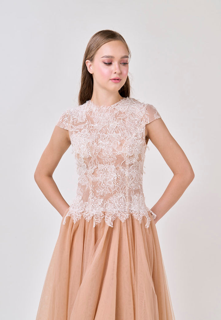 Adhara Nude Round Neck Hollow Back Lace and Tulle Maxi Dress