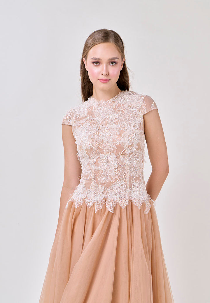 Adhara Nude Round Neck Hollow Back Lace and Tulle Maxi Dress
