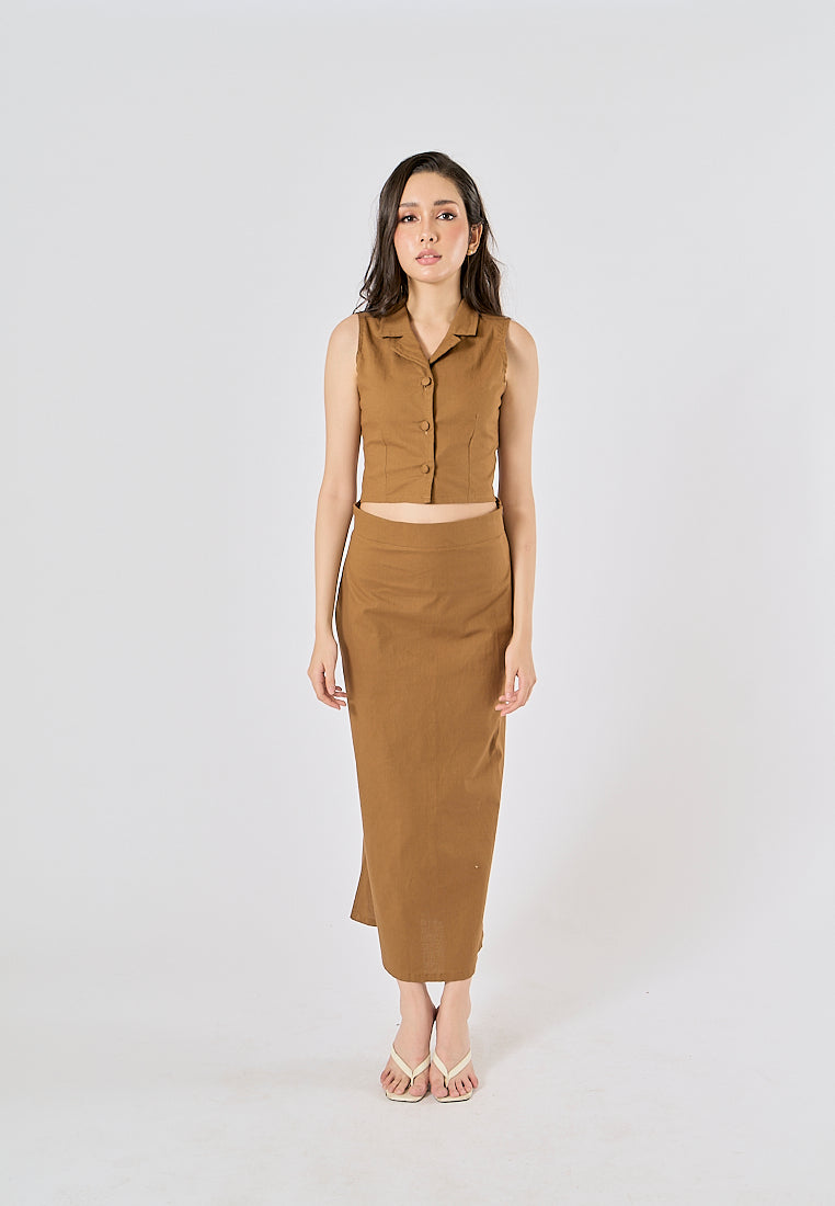 Niña Wood Brown Button Closure Colar Tank Top
