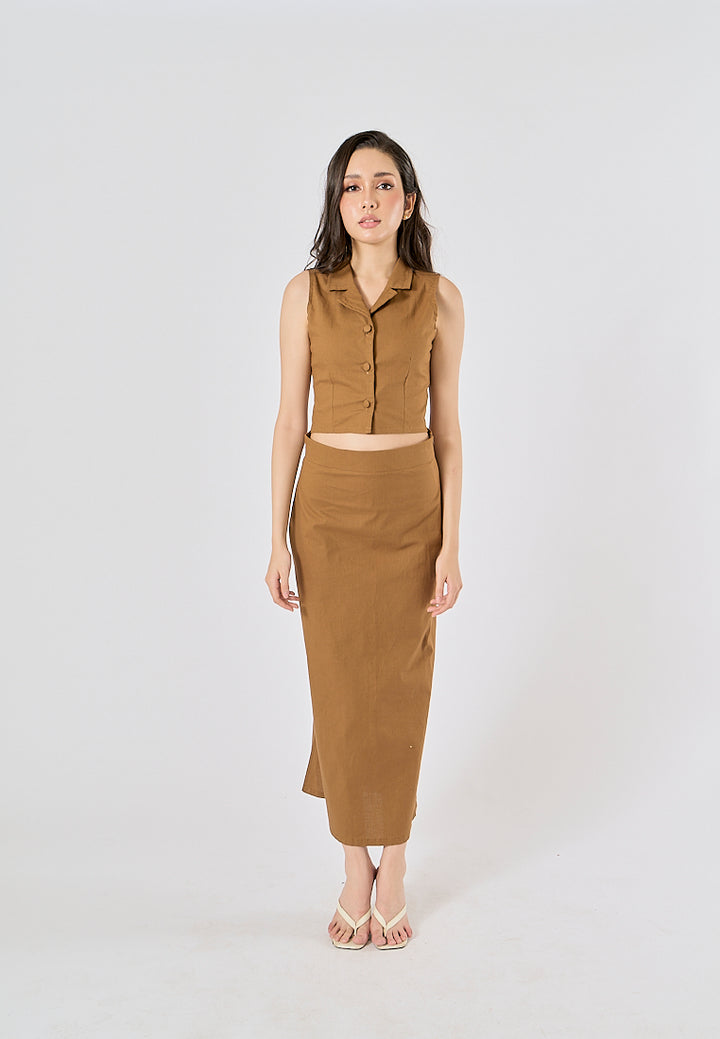 Niña Wood Brown Button Closure Colar Tank Top