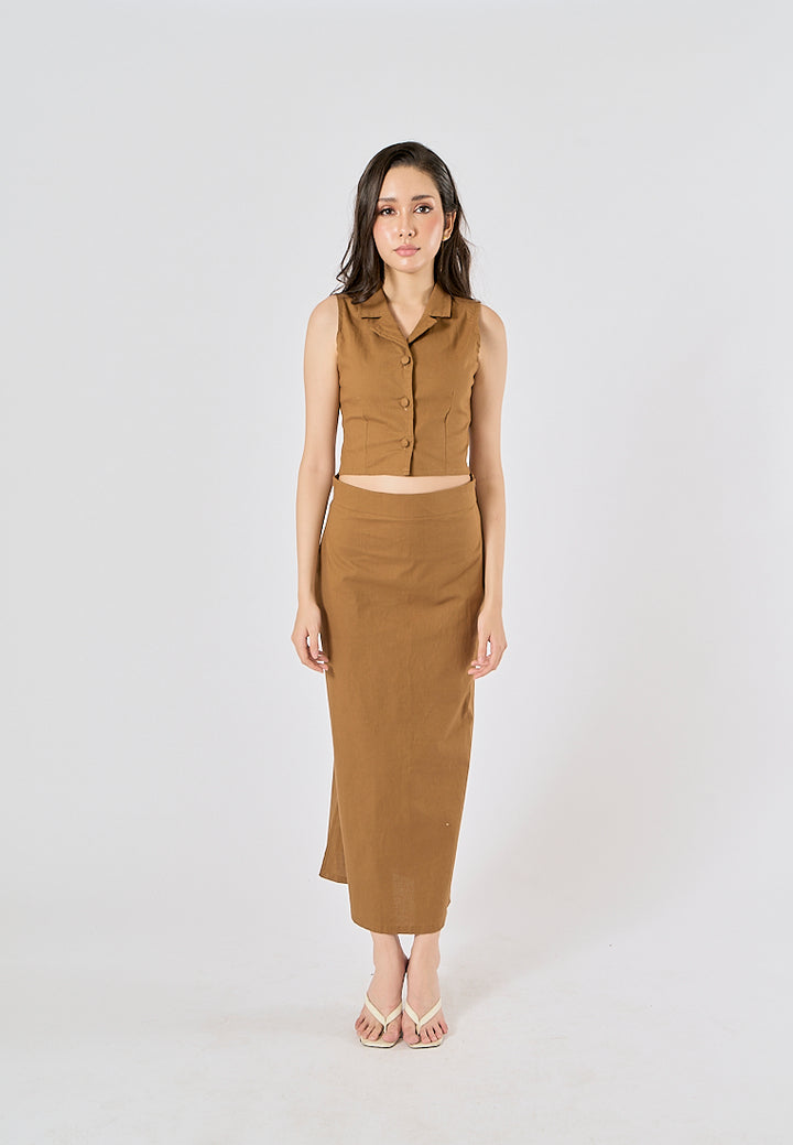 Quora Wood Brown Elastic Waist Side Zipper Midi Skirt