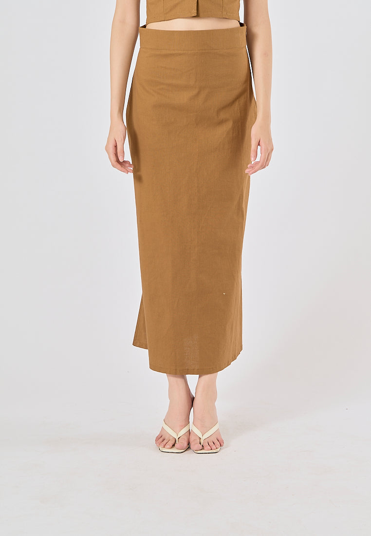 Quora Wood Brown Elastic Waist Side Zipper Midi Skirt