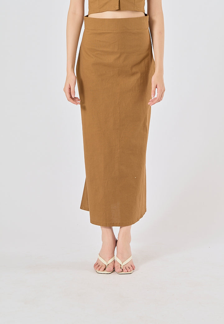Quora Wood Brown Elastic Waist Side Zipper Midi Skirt