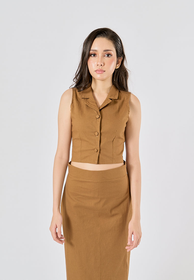 Niña Wood Brown Button Closure Colar Tank Top