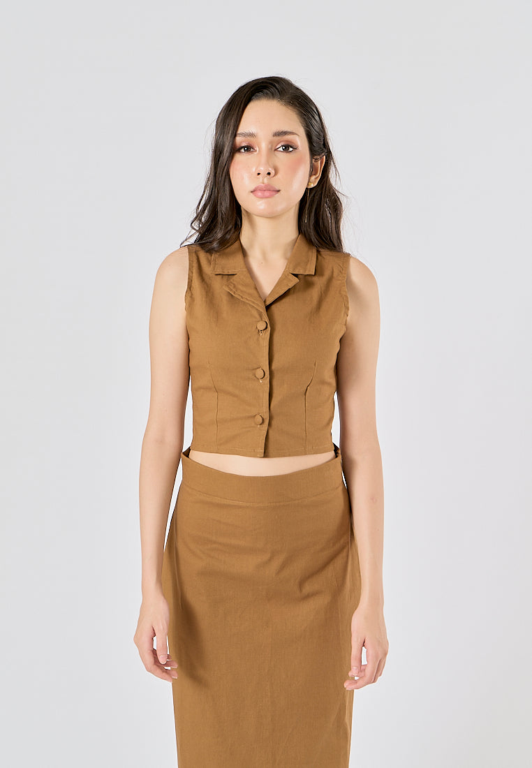 Niña Wood Brown Button Closure Colar Tank Top