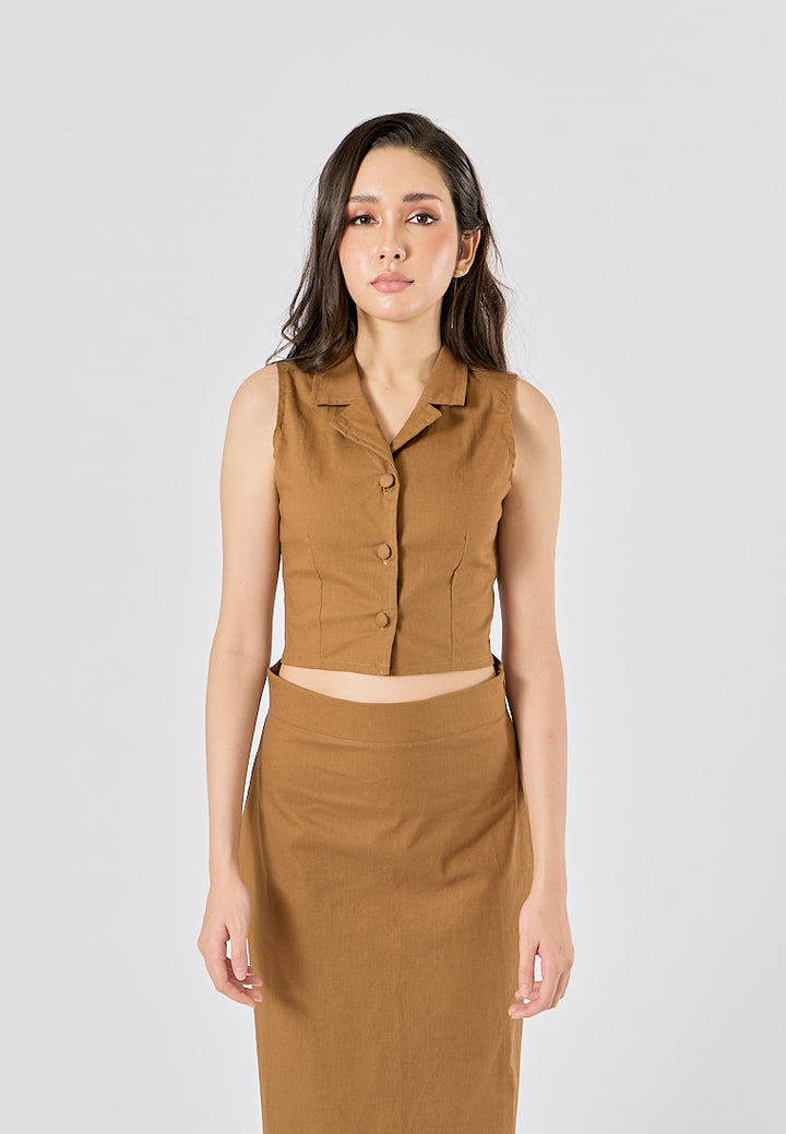 Niña Wood Brown Button Closure Colar Tank Top