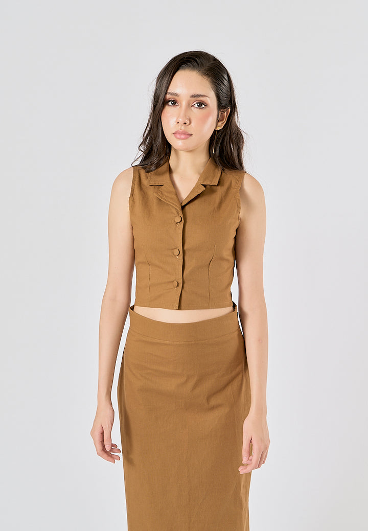 Niña Wood Brown Button Closure Colar Tank Top