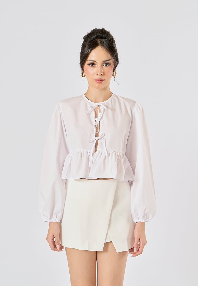 Navarra White Crew Neck Front Lace up Long Sleeve Tops