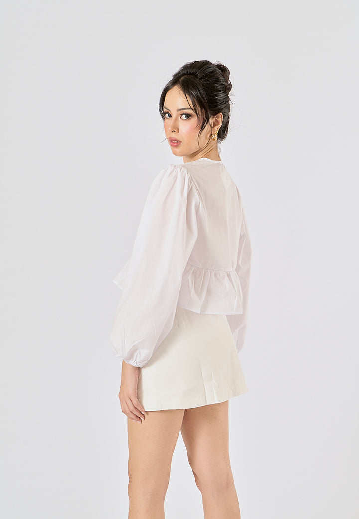 Navarra White Crew Neck Front Lace up Long Sleeve Tops