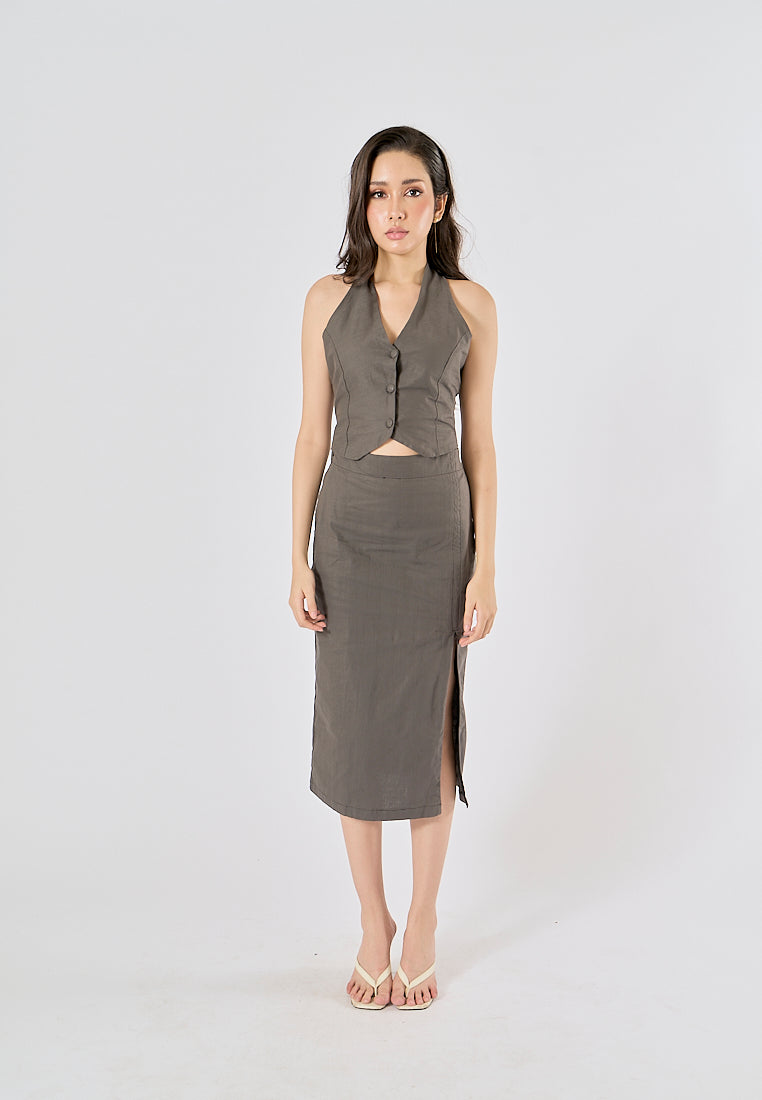 Farren Black Charcoal Self Tie Back Hollow Out Halter Tank Top