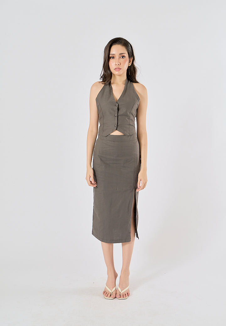 Farren Black Charcoal Self Tie Back Hollow Out Halter Tank Top