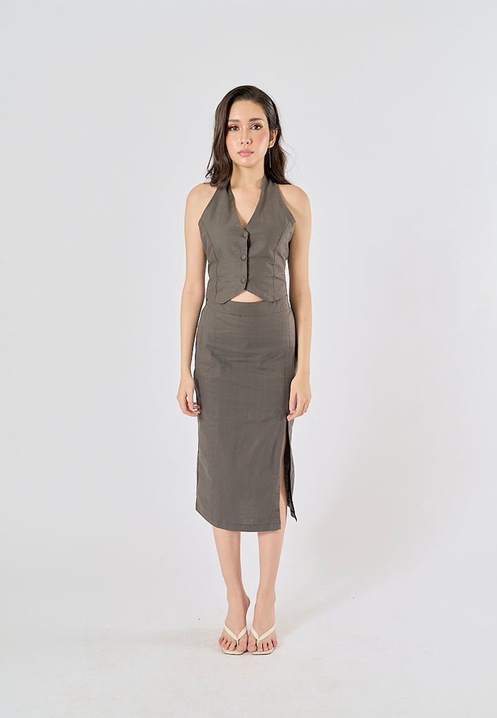 Farren Black Charcoal Self Tie Back Hollow Out Halter Tank Top