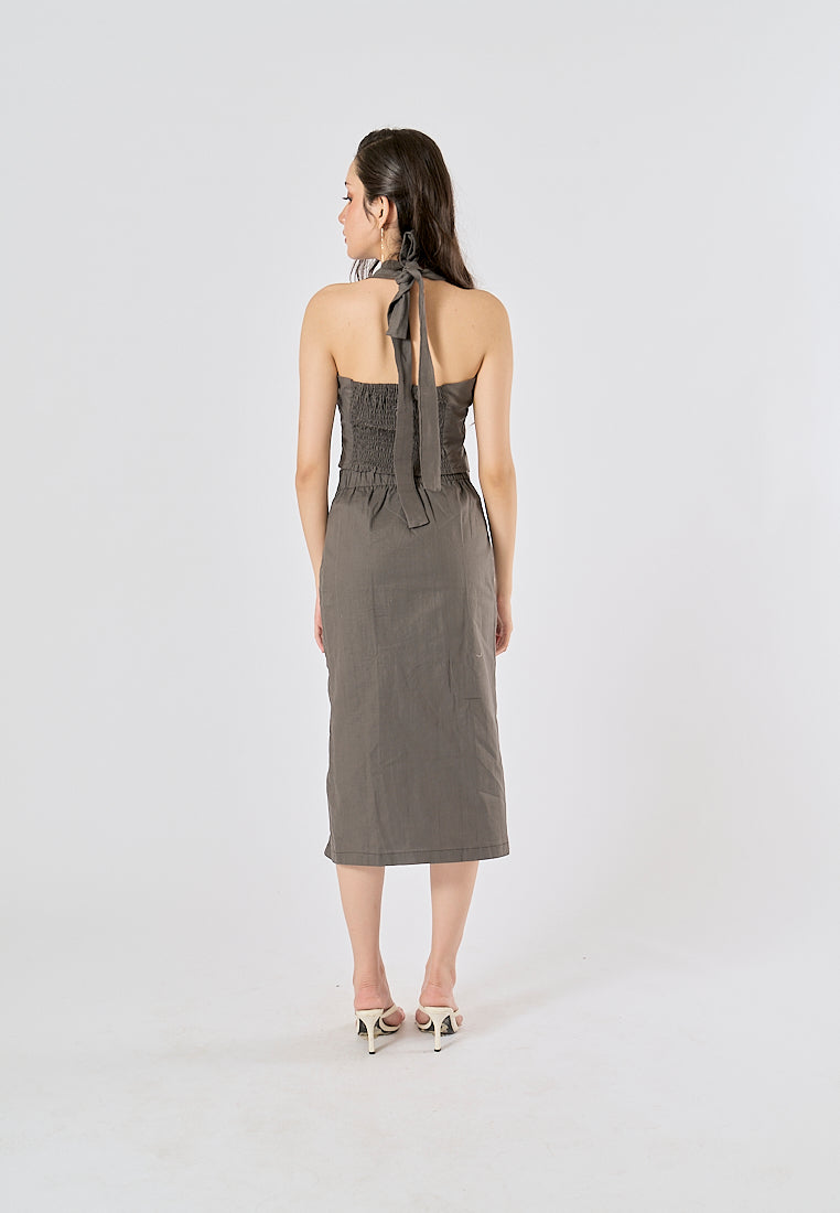 Farren Black Charcoal Self Tie Back Hollow Out Halter Tank Top