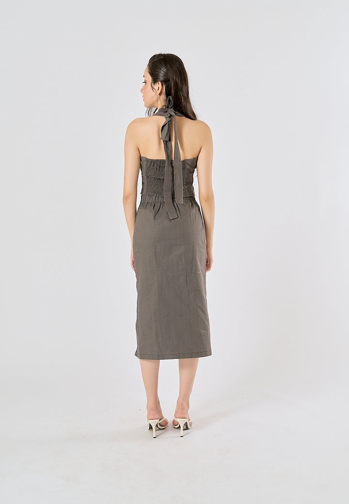 Farren Black Charcoal Self Tie Back Hollow Out Halter Tank Top