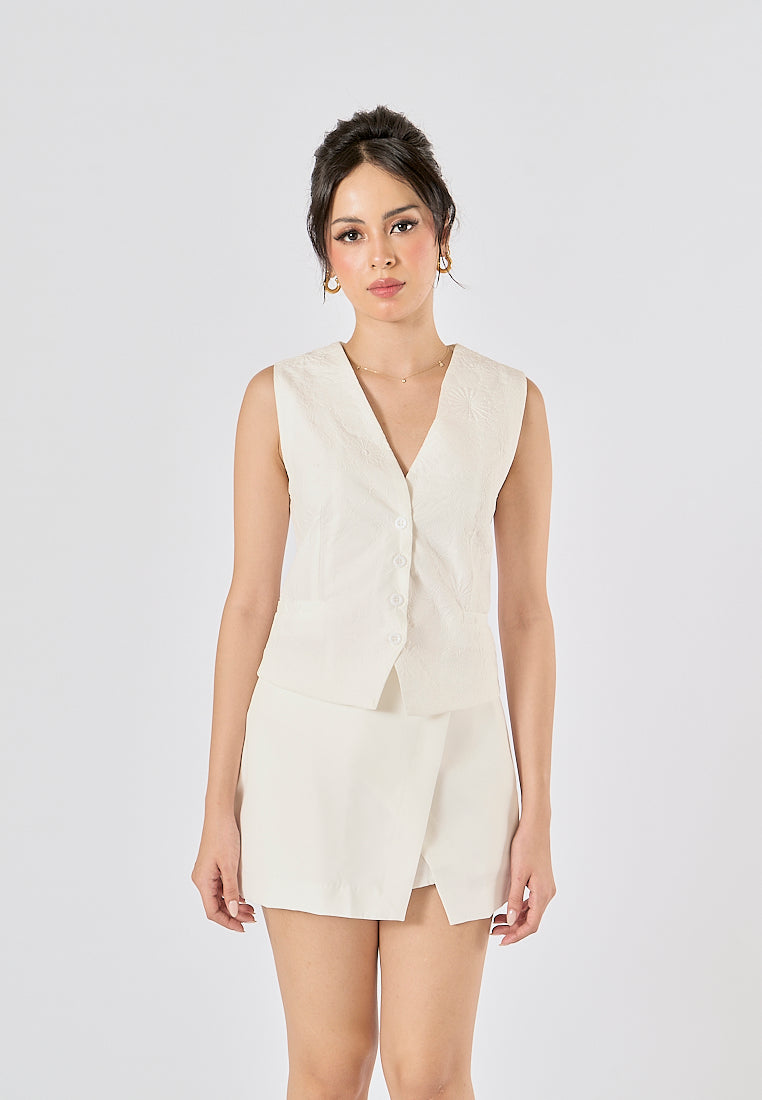 Riot White Floral Textured V Neck Single Breasted Sleeveless Waistcoat Vest