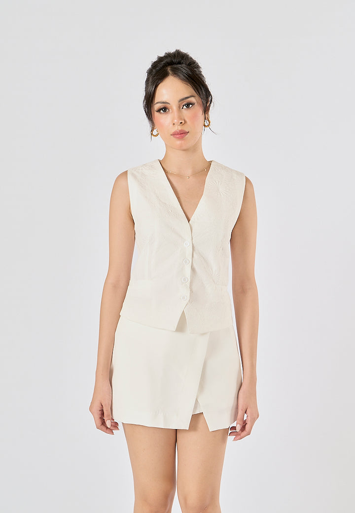 Riot White Floral Textured V Neck Single Breasted Sleeveless Waistcoat Vest