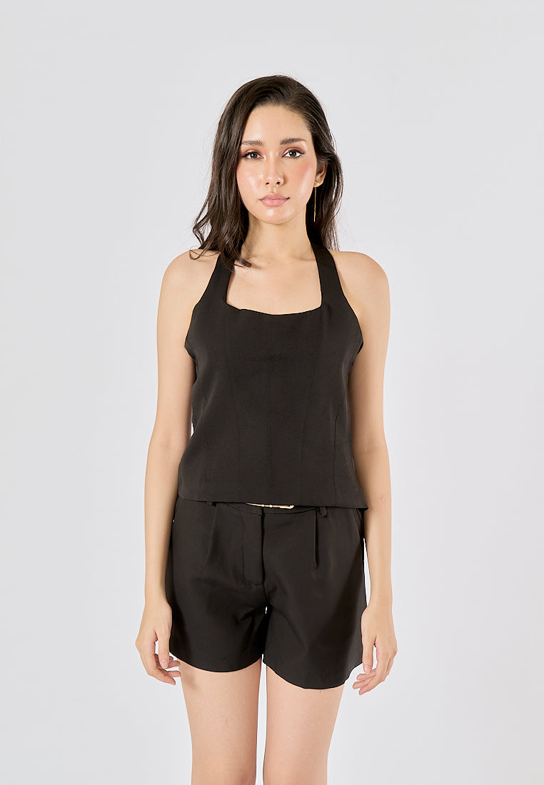Fawn Black Back Hollow Out Halter Crop Tank top