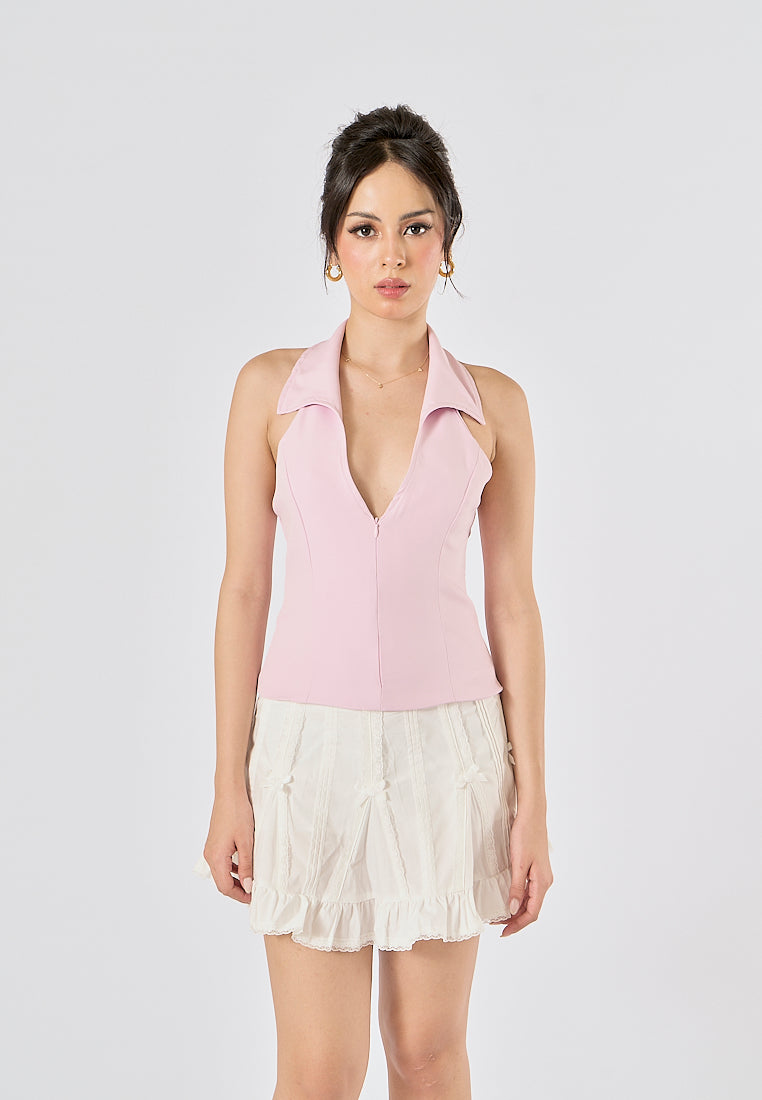 Michiko Pastel Pink Collar Back Hollow Out Halter Tank Top