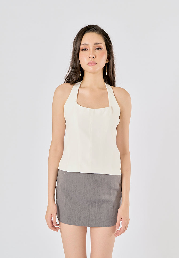Fawn White Back Hollow Out Halter Crop Tank top