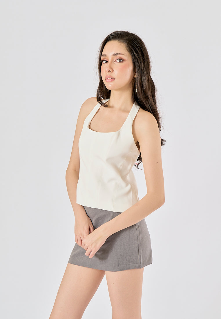 Fawn White Back Hollow Out Halter Crop Tank top