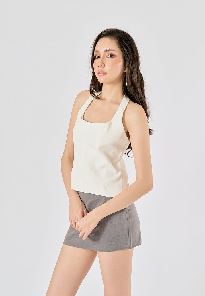Fawn White Back Hollow Out Halter Crop Tank top
