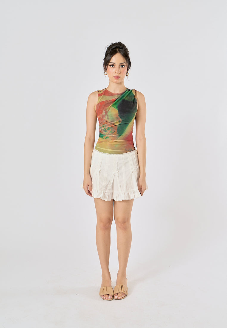 Xania Multi Color Tie Dye Crew Neckline Pleated Side Mesh Sleeveless Bodysuit
