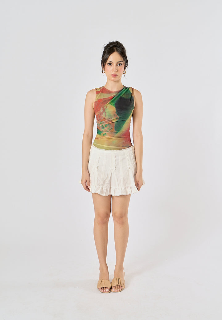 Xania Multi Color Tie Dye Crew Neckline Pleated Side Mesh Sleeveless Bodysuit