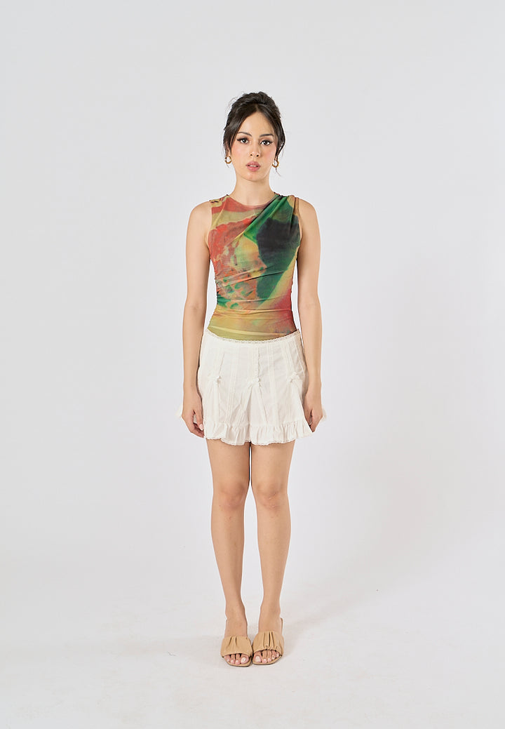 Xania Multi Color Tie Dye Crew Neckline Pleated Side Mesh Sleeveless Bodysuit