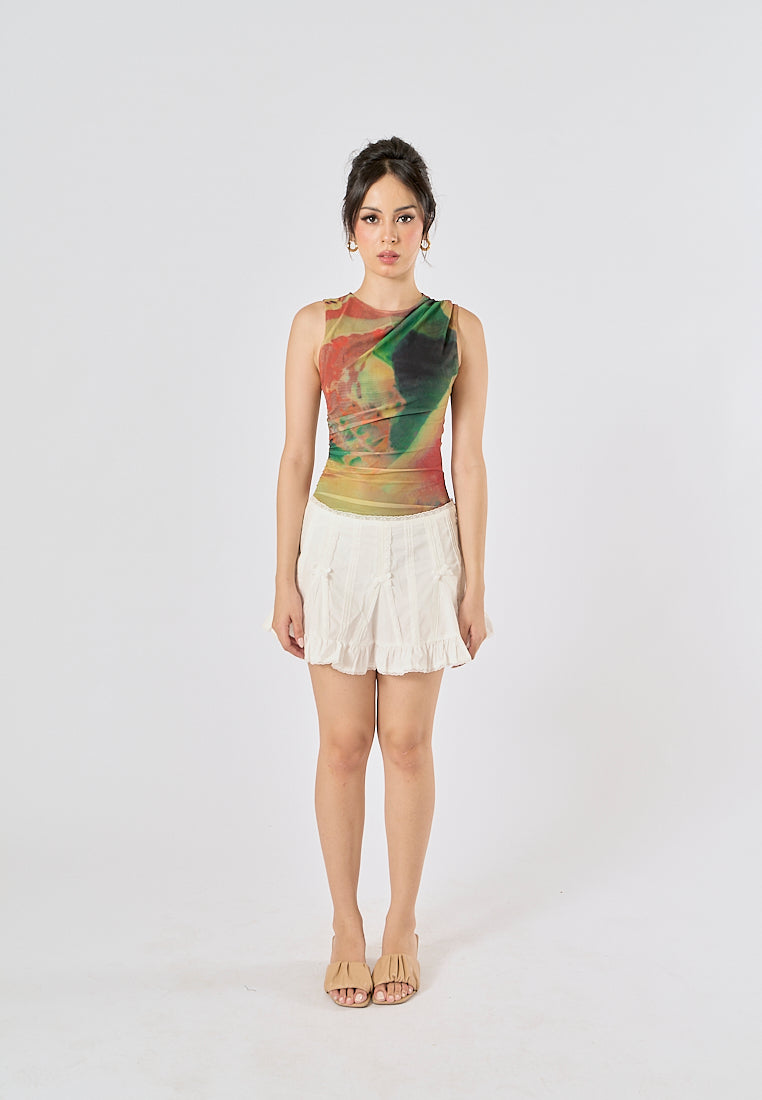 Xania Multi Color Tie Dye Crew Neckline Pleated Side Mesh Sleeveless Bodysuit