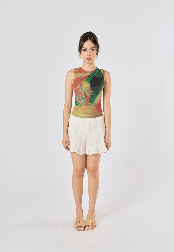 Xania Multi Color Tie Dye Crew Neckline Pleated Side Mesh Sleeveless Bodysuit