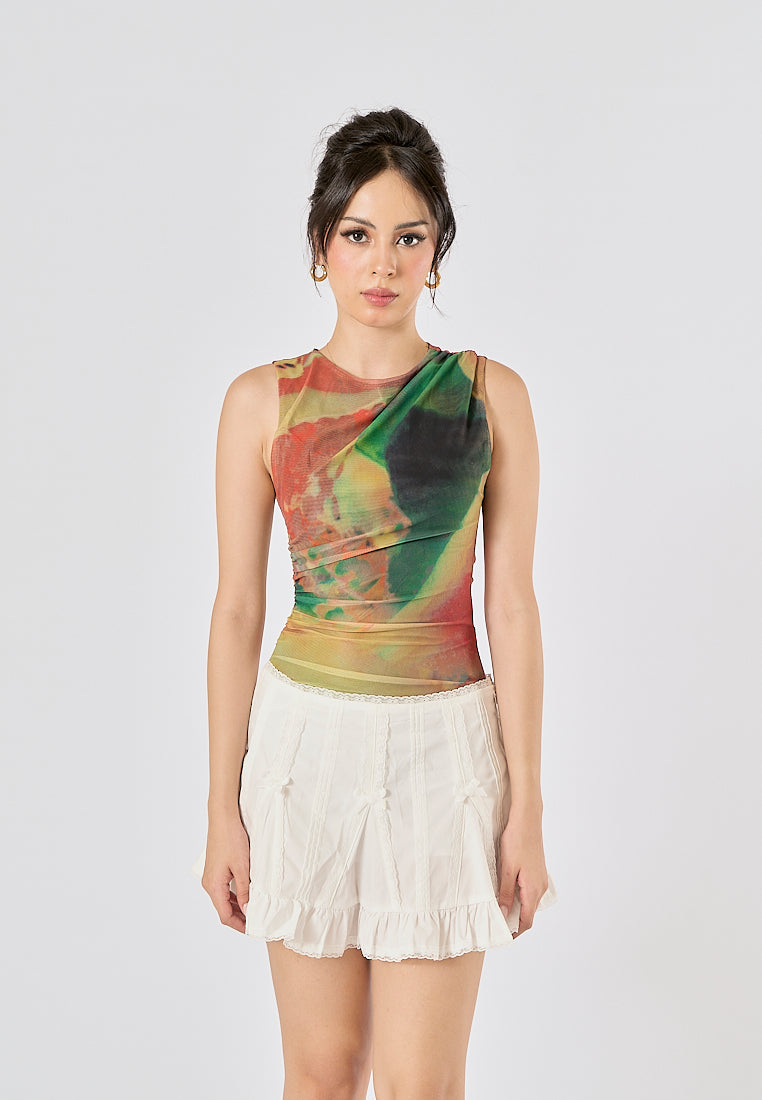 Xania Multi Color Tie Dye Crew Neckline Pleated Side Mesh Sleeveless Bodysuit