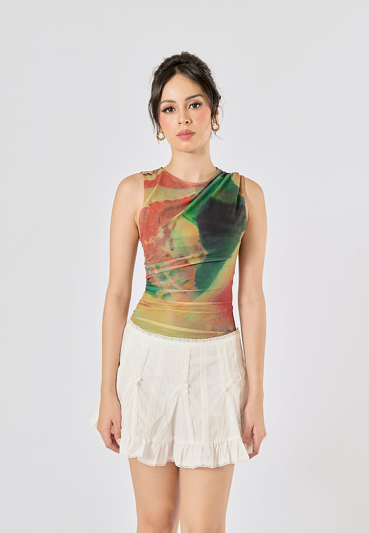 Xania Multi Color Tie Dye Crew Neckline Pleated Side Mesh Sleeveless Bodysuit
