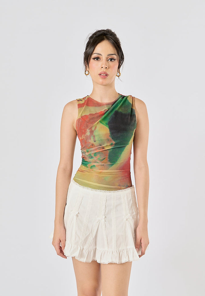 Xania Multi Color Tie Dye Crew Neckline Pleated Side Mesh Sleeveless Bodysuit