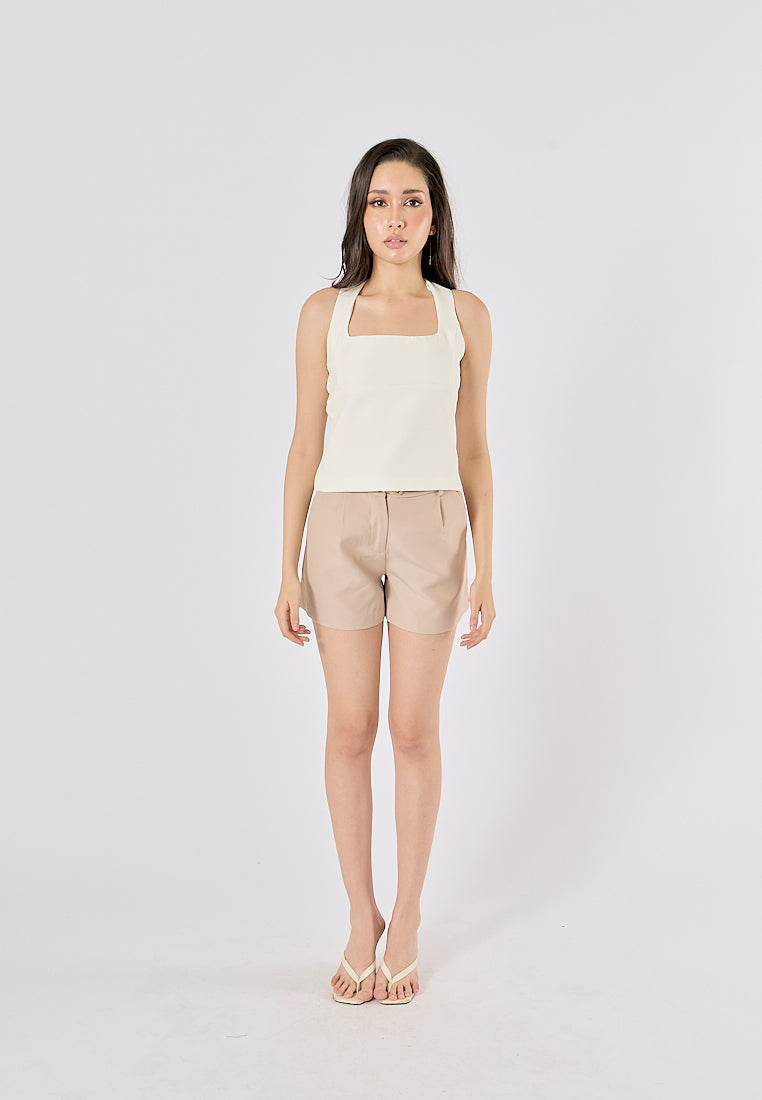 Viserra Beige Zipper Fly Sashes Shorts