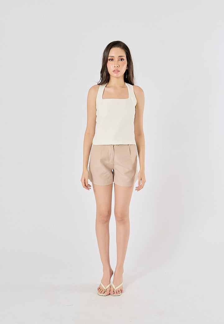Viserra Beige Zipper Fly Sashes Shorts