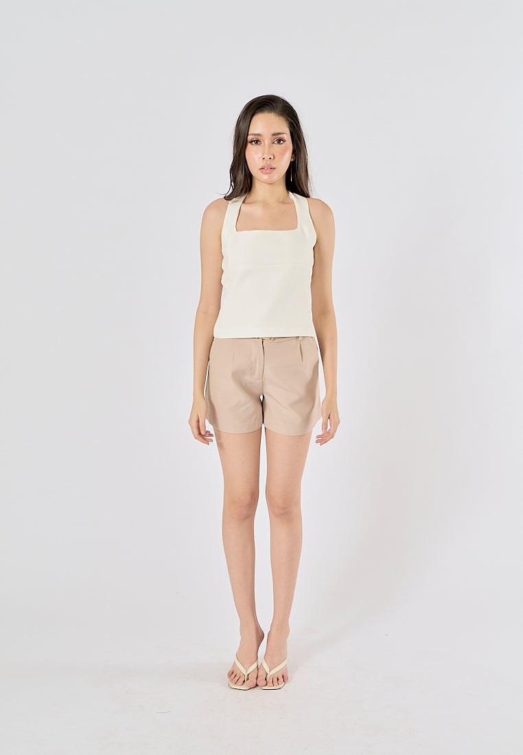 Viserra Beige Zipper Fly Sashes Shorts