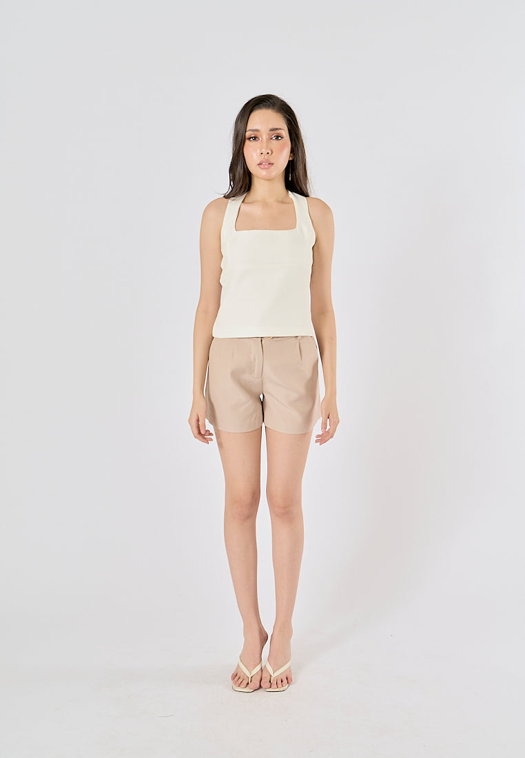 Viserra Beige Zipper Fly Sashes Shorts