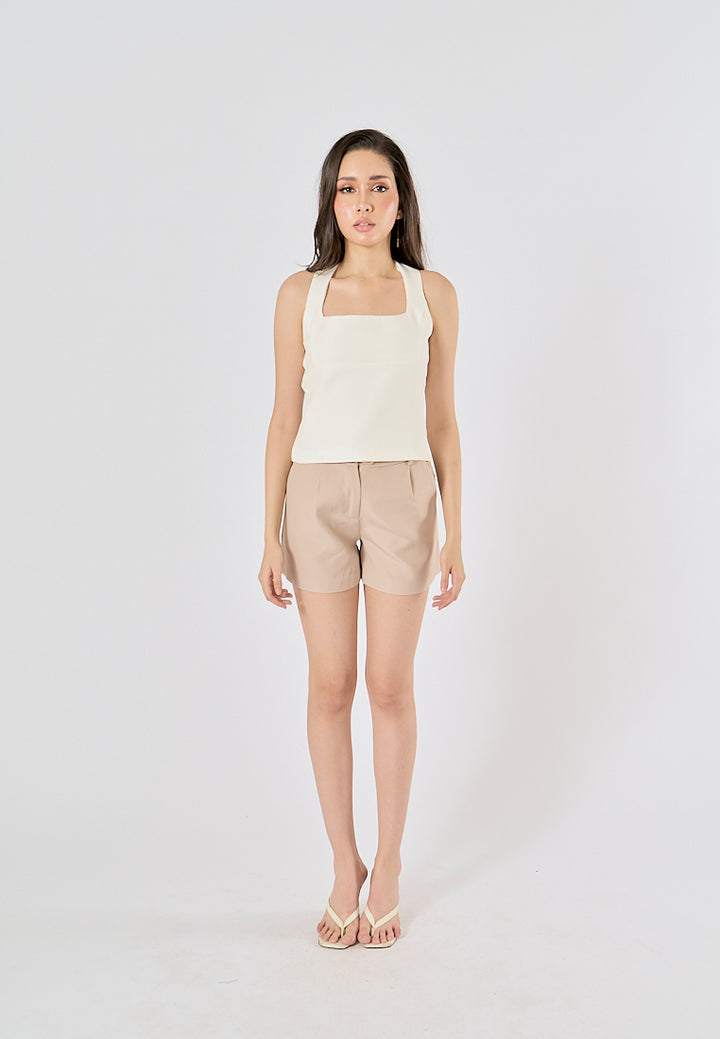 Viserra Beige Zipper Fly Sashes Shorts