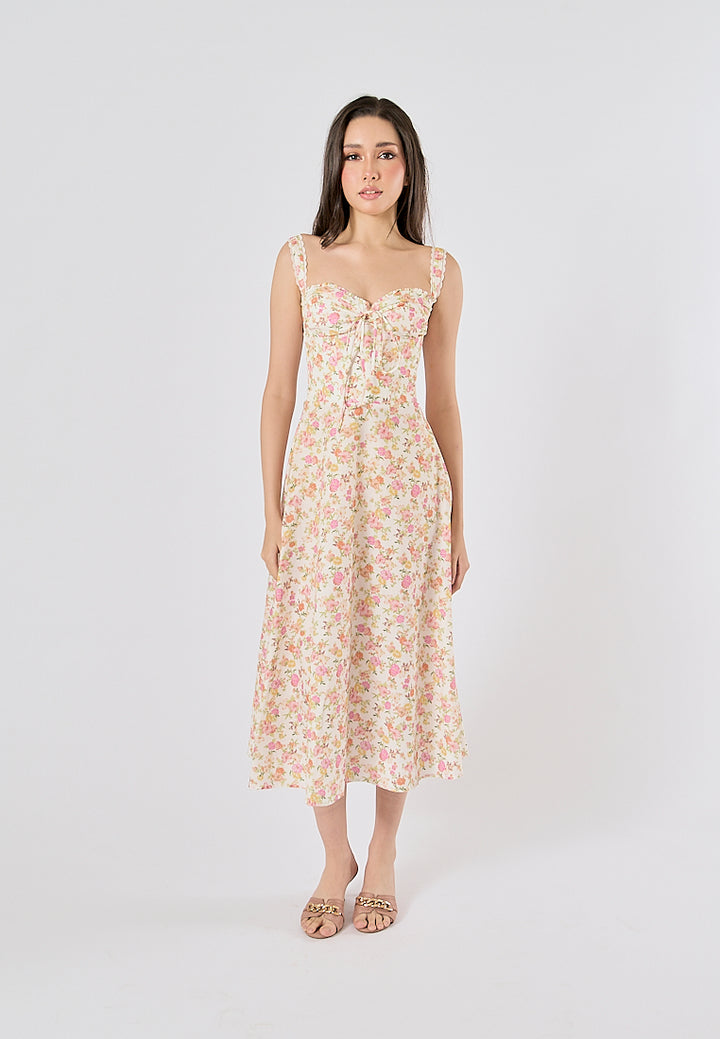 Nigella Multi Color Floral Print Front Lace up Midi Dress