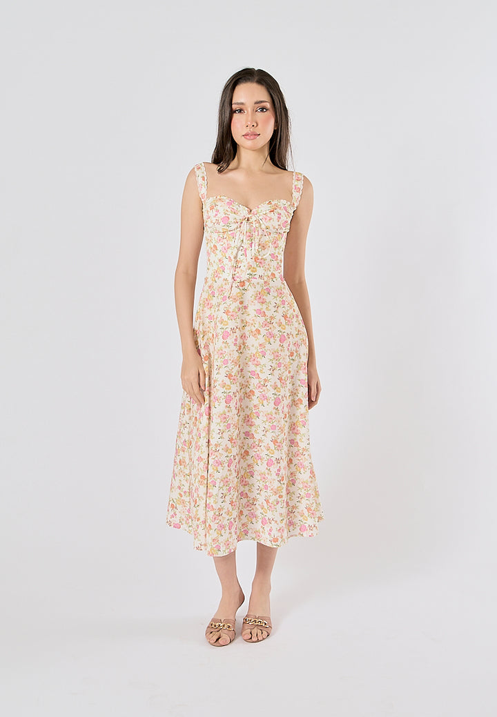 Nigella Multi Color Floral Print Front Lace up Midi Dress