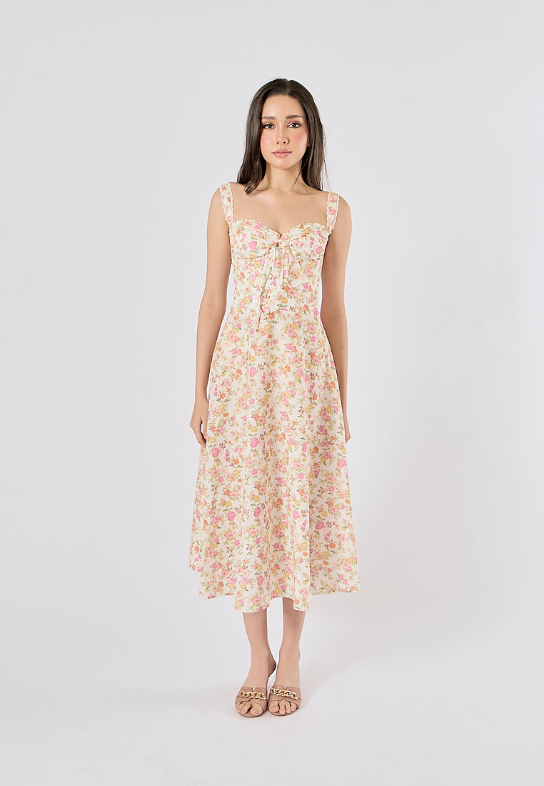 Nigella Multi Color Floral Print Front Lace up Midi Dress