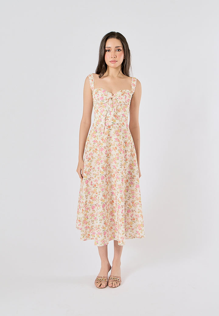 Nigella Multi Color Floral Print Front Lace up Midi Dress