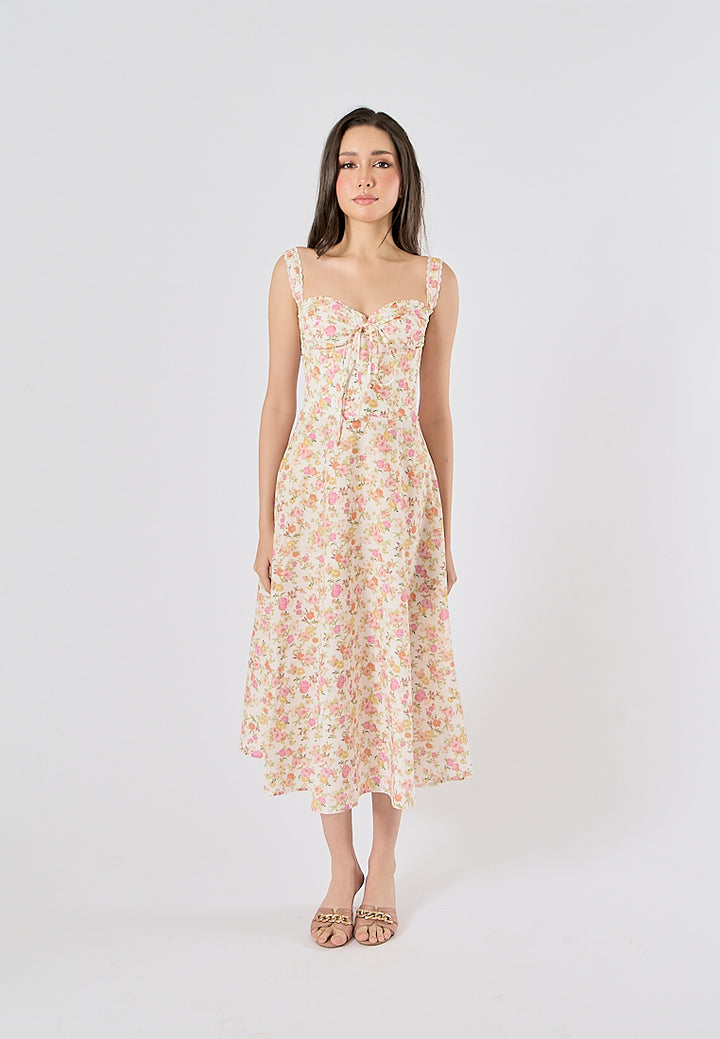 Nigella Multi Color Floral Print Front Lace up Midi Dress