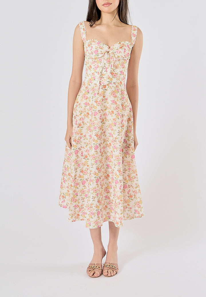 Nigella Multi Color Floral Print Front Lace up Midi Dress