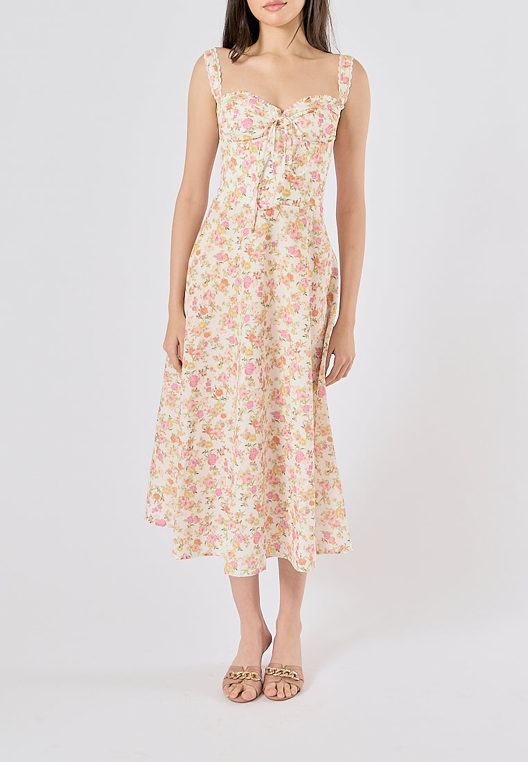 Nigella Multi Color Floral Print Front Lace up Midi Dress