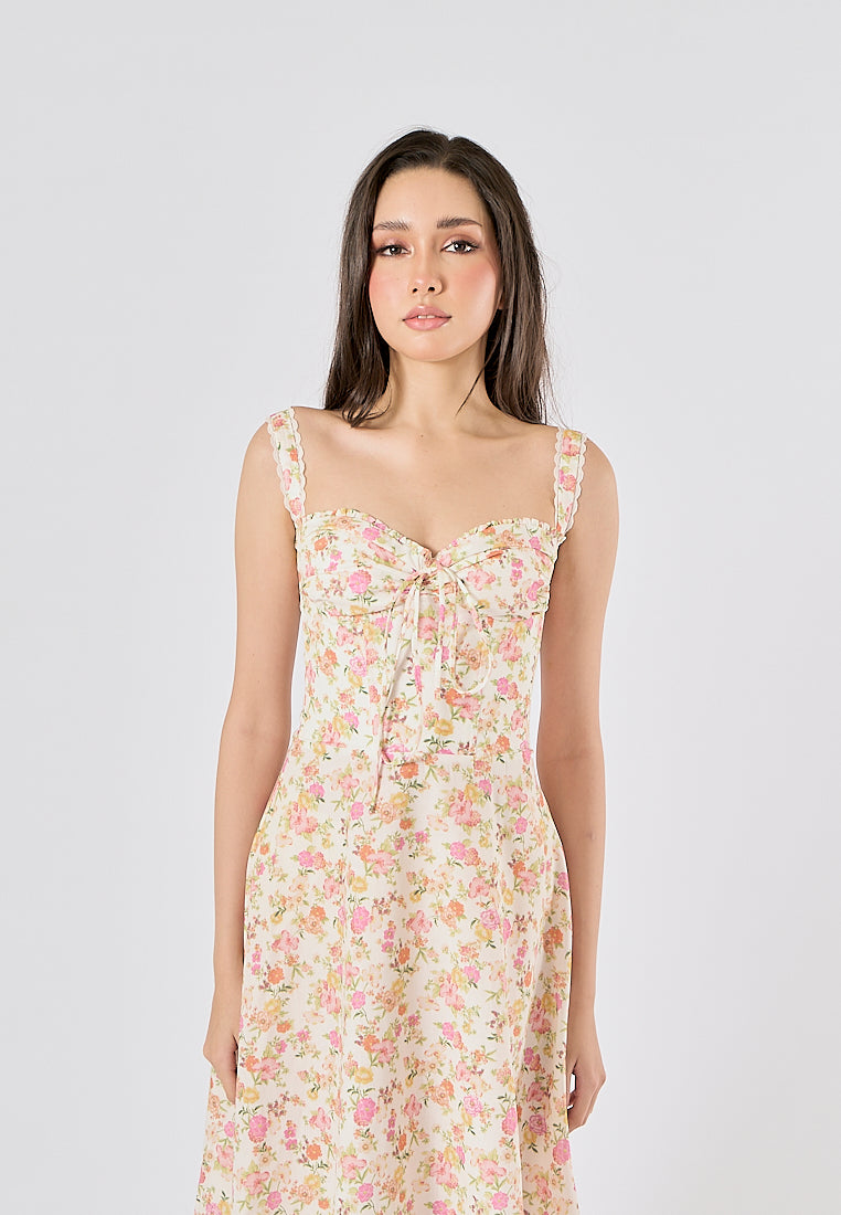 Nigella Multi Color Floral Print Front Lace up Midi Dress