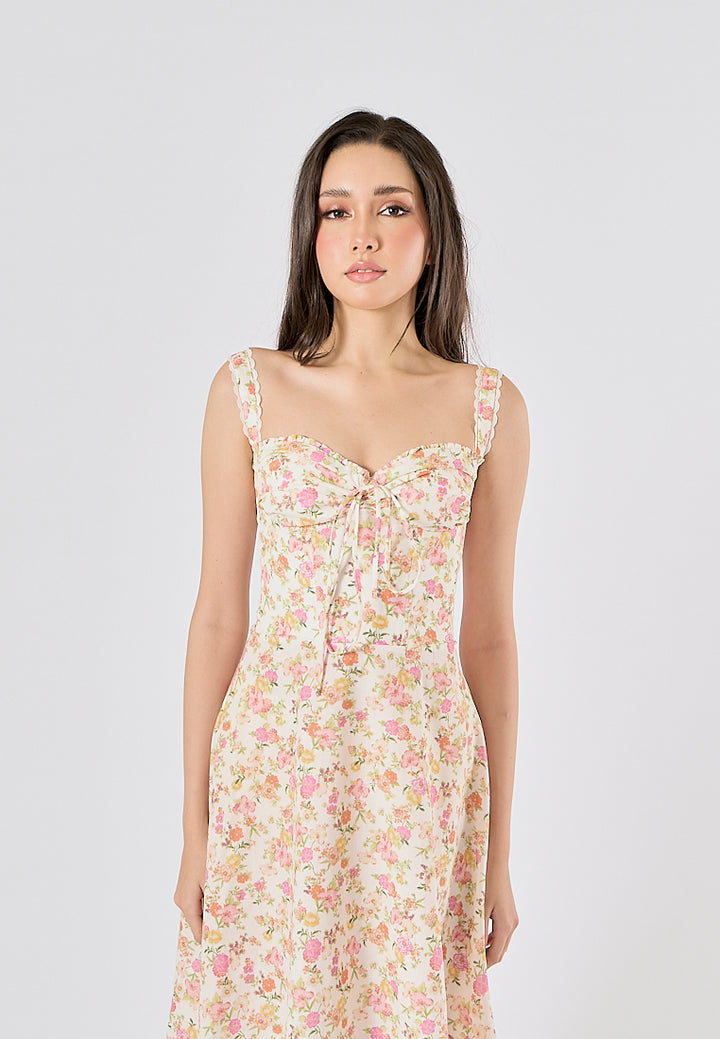 Nigella Multi Color Floral Print Front Lace up Midi Dress