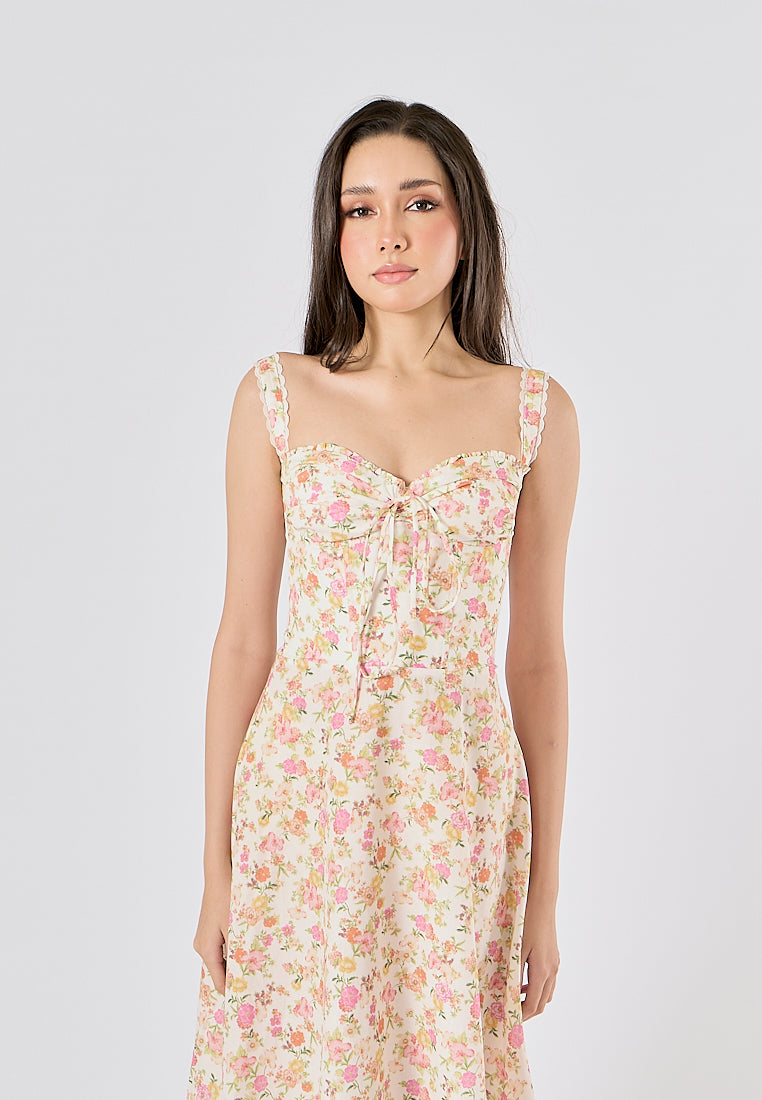 Nigella Multi Color Floral Print Front Lace up Midi Dress