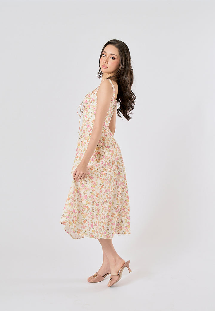 Nigella Multi Color Floral Print Front Lace up Midi Dress