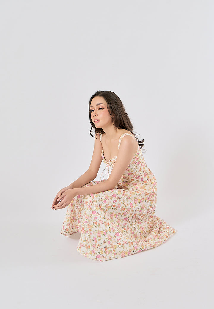 Nigella Multi Color Floral Print Front Lace up Midi Dress